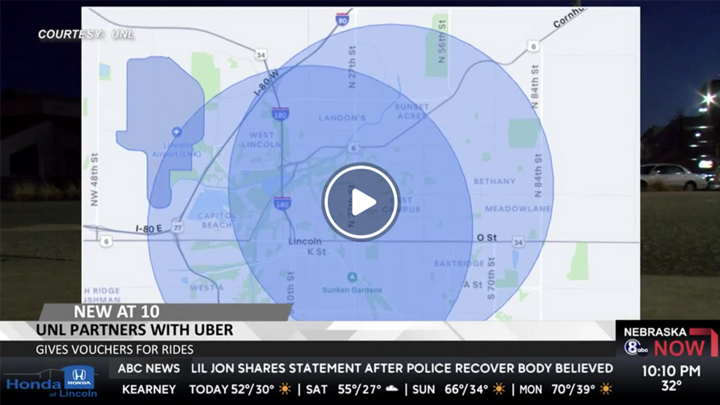 Screenshot of KLKN video broadcast "UNL partners with Uber."