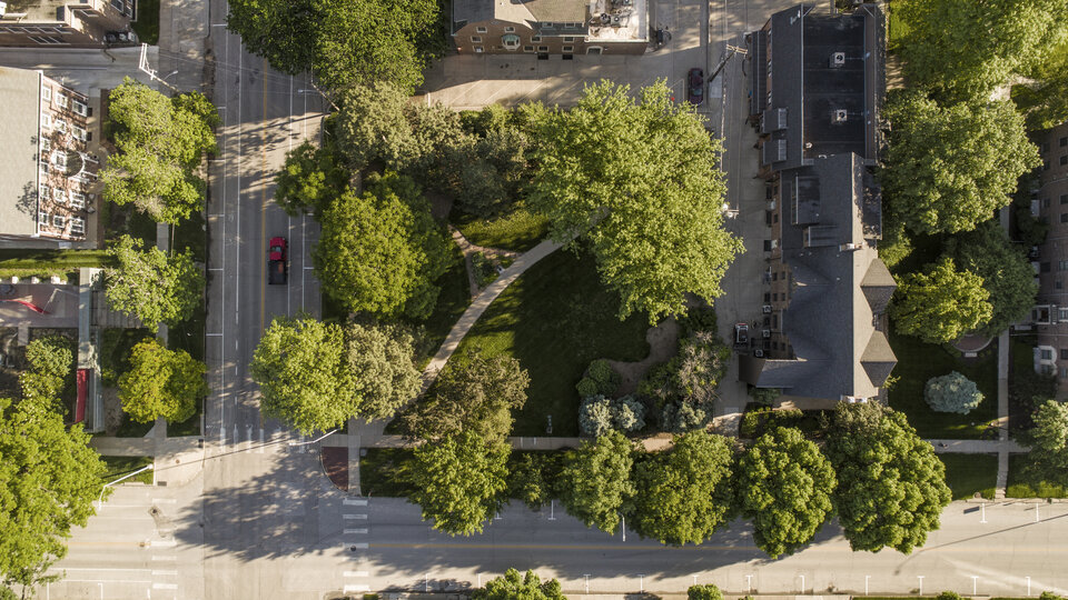 Aerial view above the park at the corner of 16th and R Streets at the University of Nebraska–Lincoln.