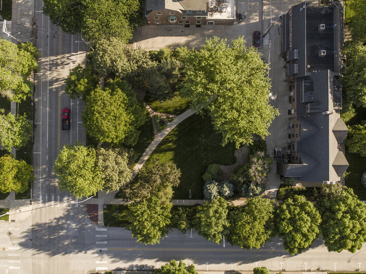 Aerial view above the park at the corner of 16th and R Streets at the University of Nebraska–Lincoln.