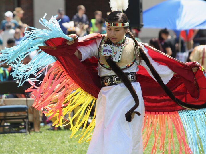 A dancer performs at the University of Nebraska Inter-Tribal Exchange (UNITE) powwow in 2017.  In 2025, the annual powwow received funding from the Equity Grant.