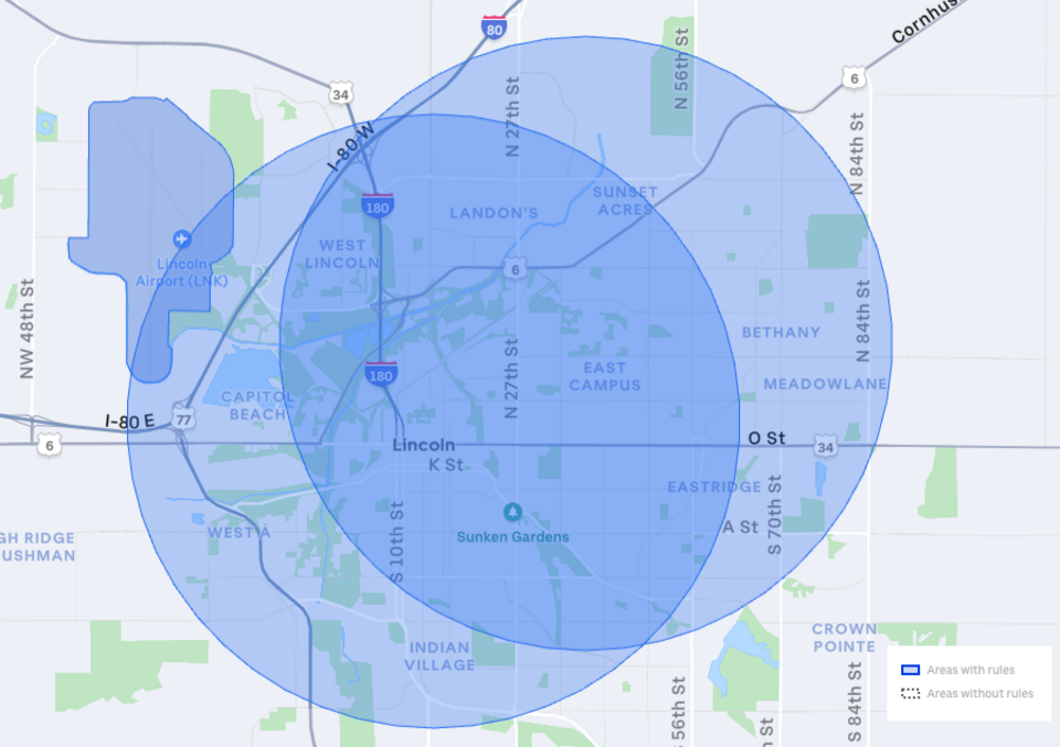 Map highlighting the valid area for the Husker Late Night Rides with UBER.